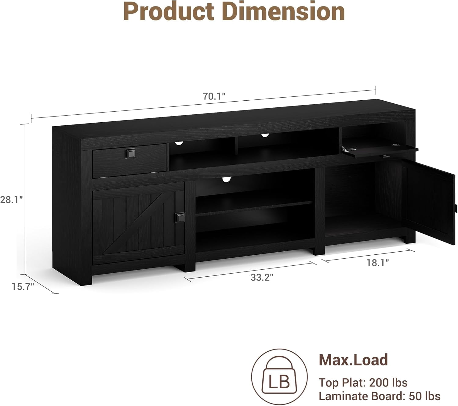 Garvee Farmhouse Wooden TV Stand for 75 Inch TV, 70" Long Entertainment Center with 4 Door and 2 Open Storage Spaces, Rustic TV Stand for Living Room, Bedroom