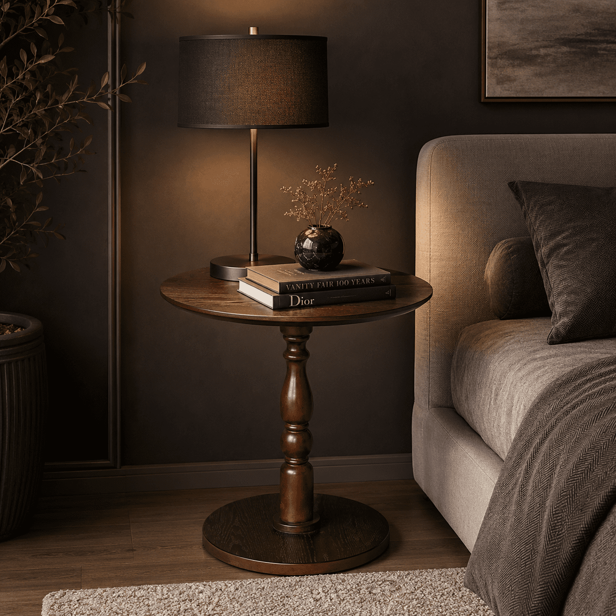 Homy Casa Round Side Table, 23.22 in Small Pedestal End Table for Living Room Bedroom, Walnut