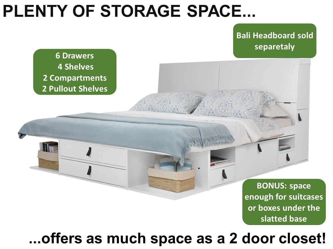 Memomad Bali Queen Size Storage Platform Bed with Drawers, White