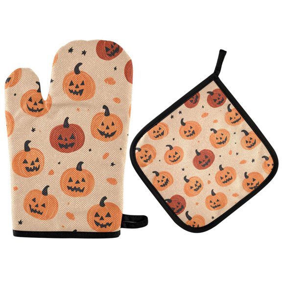 Yayeee Oven Mitts and Pot Holder Set of 2 Heat Resistant Kitchen Gloves Baking Hot Pad, Colorful Halloween Pumpkin Pattern