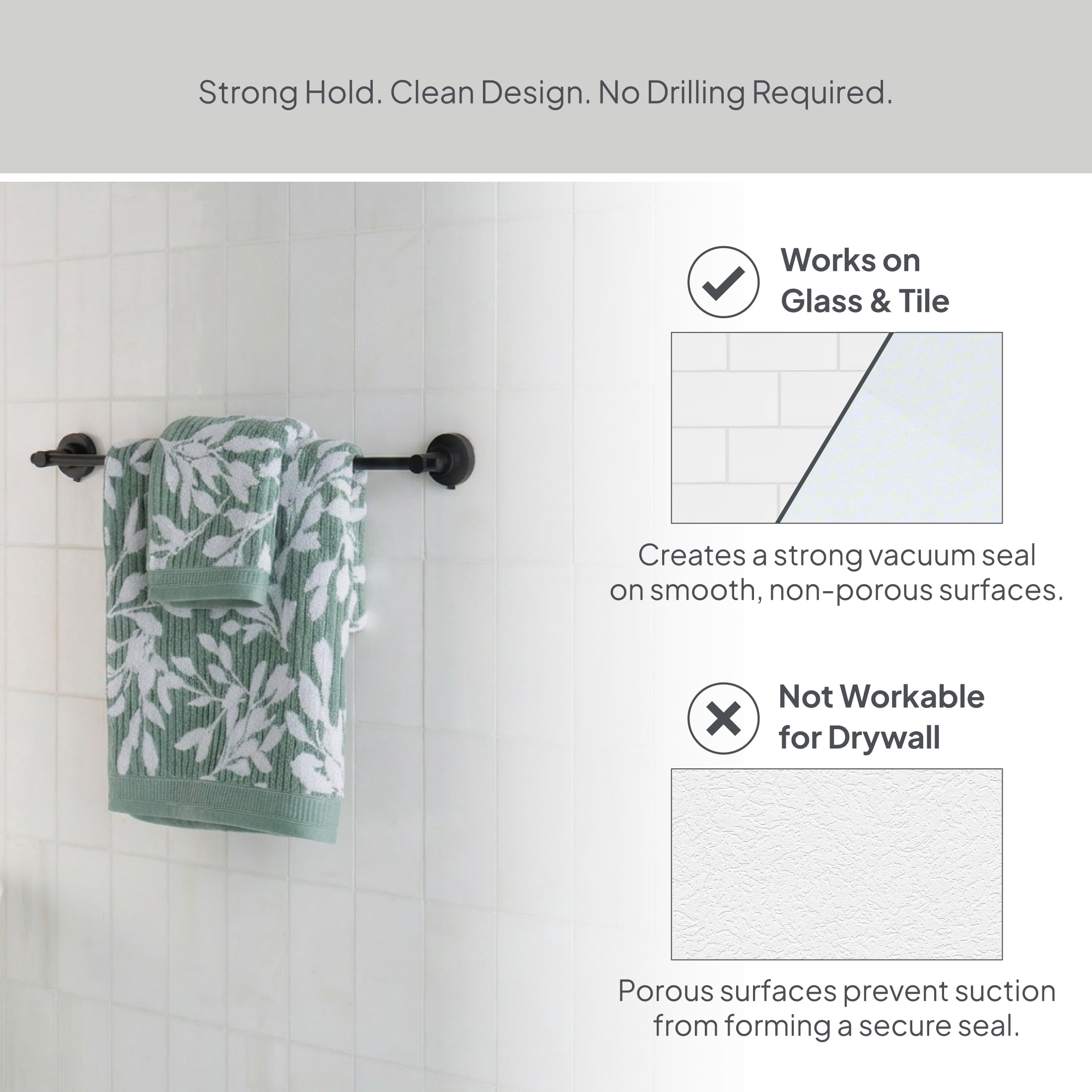 Better Homes & Gardens StyleGrip™ Suction Mount Towel Bar w/Hooks, Matte Black
