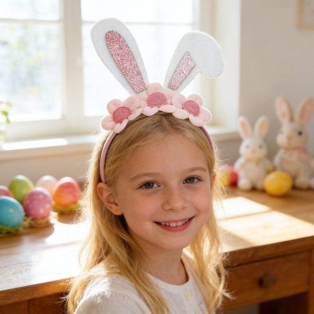 Diadema de conejo de Pascua con orejas de liebre para mujeres, niñas y niños, diademas antideslizantes con orejas de conejo y purpurina azul, suministros de decoración para fiestas de Pascua, accesori