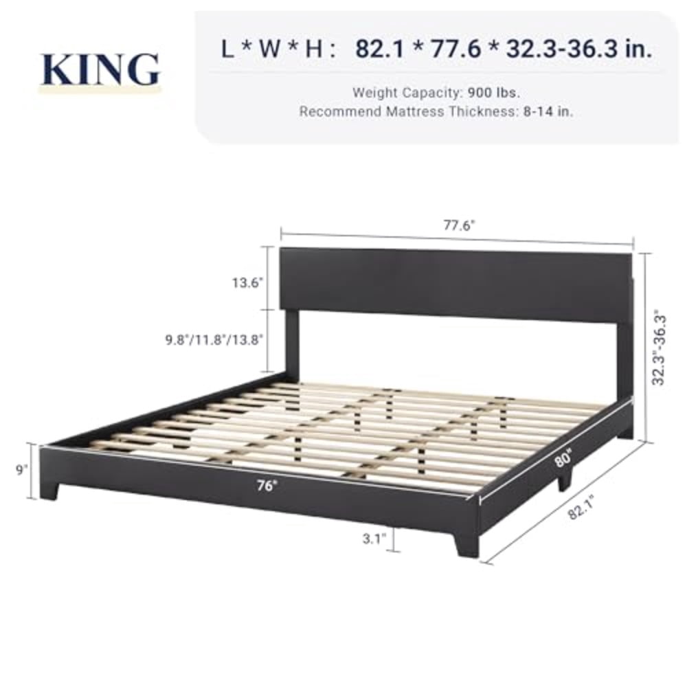 King Size Bed Frame with Adjustable Headboard, Faux Leather Platform Bed with Wood Slats, Heavy Duty Mattr Foundation, No Box Spring Needed, Noise-Free, Ey sembly, Bla