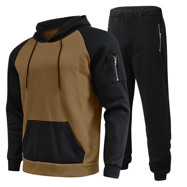 Men's Suits Product Casual Solid Two-Piece Set featuring Hooded Zip Jacket with Raglan Sleeves and Drawstring Zip Pants for Everyday Style