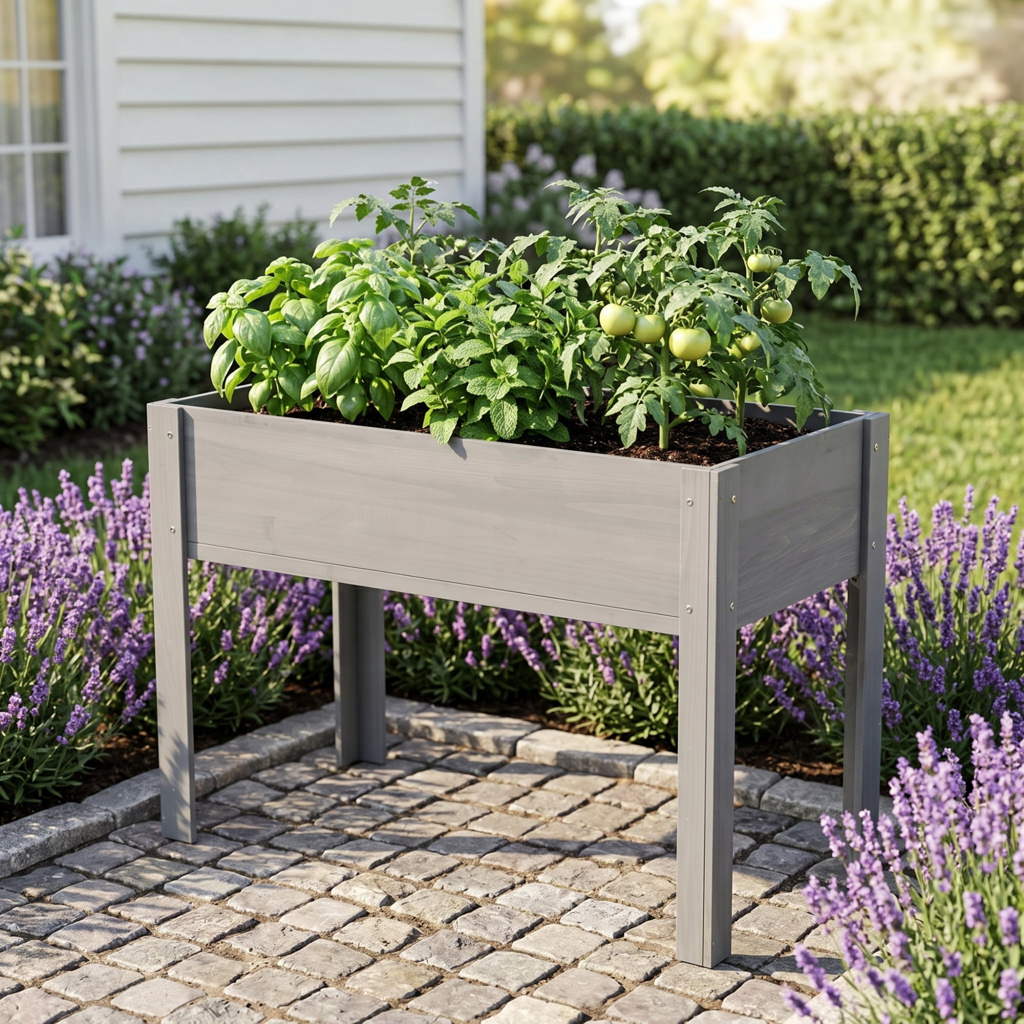 Leumius 40x20x31 Inch Raised Garden Bed with Legs, Elevated Wooden Planter Box for Outdoor Plants Flowers Fruits Vegetable Herb Growing Grey