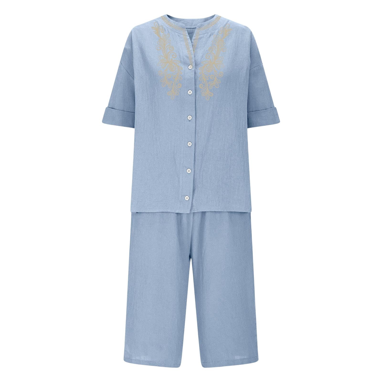 Womens 2 Piece Outfits Short Sleeve Cotton Linen Embroidered Shirts Wide Leg Capri Pants Matching Sets