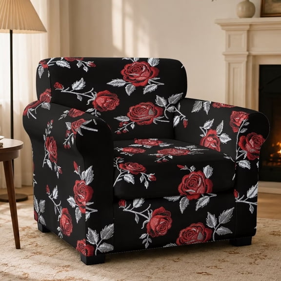 FKELYI Rose Flower Black Print Stretch Couch Covers Dustproof Armchiar Slipcover with Individual Cushion Cover Washable Soft Furniture Protector for Living Room Decor
