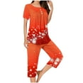 thumbnail image 4 of Wowcloth Woman's Casual Pajama Set, Loose-Fitting Christmas Print Round Neck Short Sleeve Button-Up Top with Capri Pants, Comfy Sleepwear for Home Lounging and Relaxation, 4 of 6