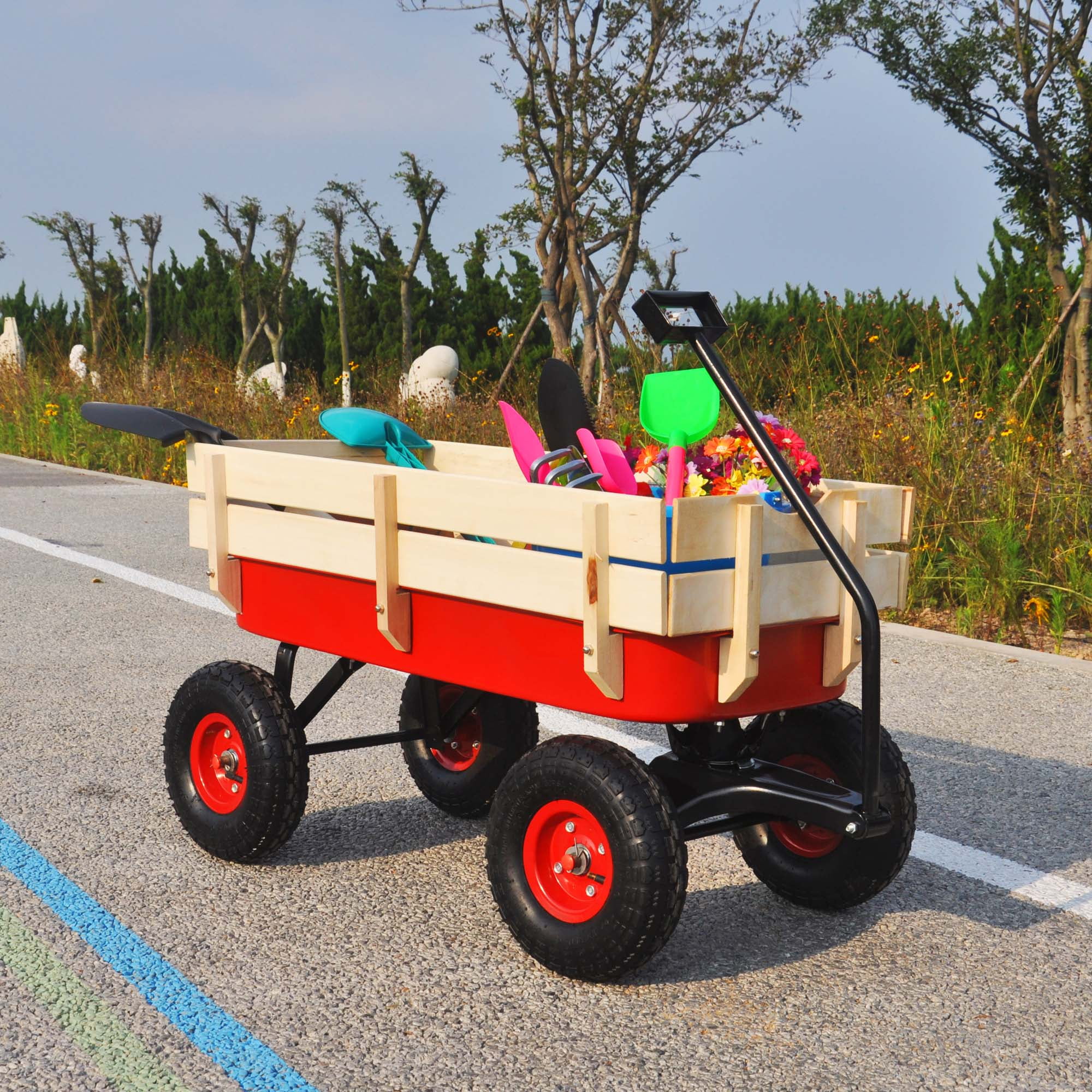 Outdoor PullAlong Wagon, Beach Garden Wagon w/ Removable Wooden