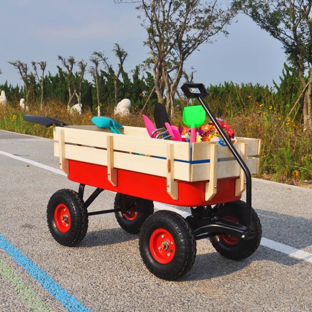 Outdoor PullAlong Wagon, Beach Garden Wagon w/ Removable Wooden