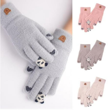 

SPRING PARK 2 Pairs Cartoon Panda Winter Knit Gloves Touchscreen Warm Thermal Soft Cuff Texting Anti-Slip Full Finger Gloves for Women