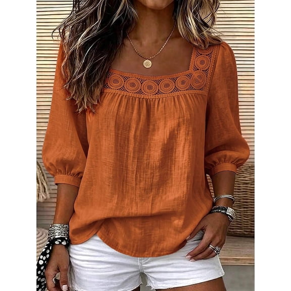 Women's Square Neck Lace Trim Blouse, 3/4 Puff Sleeve Loose Fit Top, Boho Cottagecore Peasant Shirt, Casual Vacation Going Out Wear