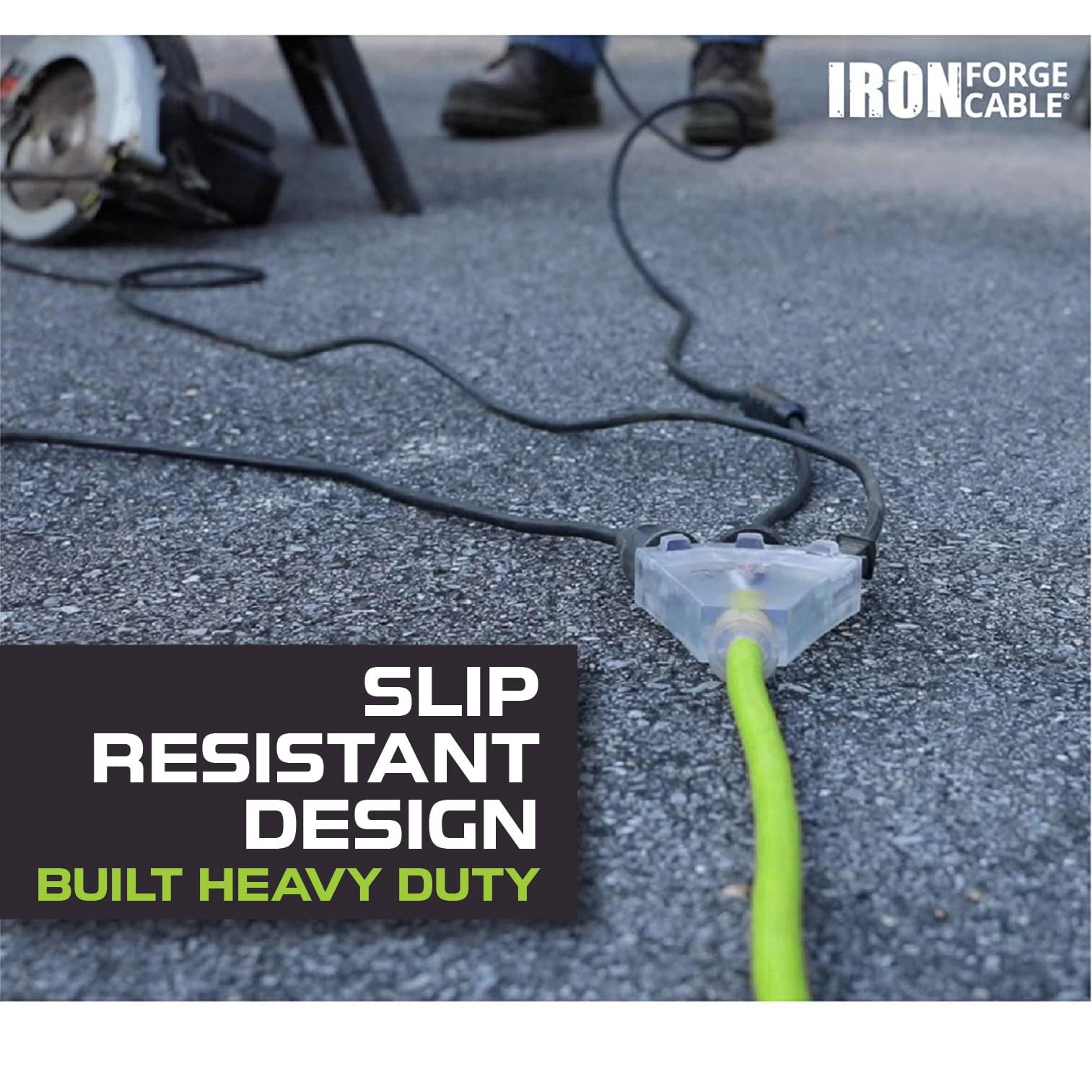 Iron Forge Cable 10 Gauge 50ft Lighted Outdoor Heavy Duty Extension Cord with 3 Outlets - 15 Amp 10/3 SJTW Green Extension Cord with Multiple Outlets
