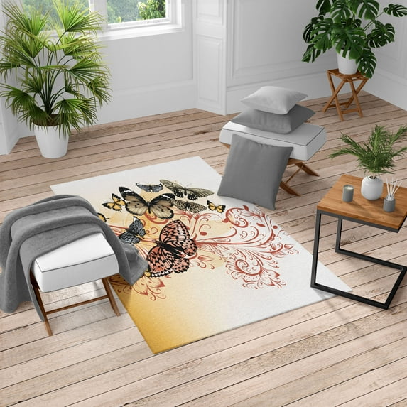 Butterfly Turkish Area Rug, Monarch Butterflies Vintage Damask Inspired Design, Soft Carpet for Living Room Decor with Distressed Look, 2.6' x 5', Orange White, by Ambesonne