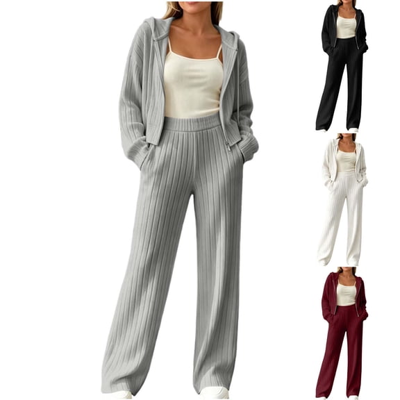 Sahpxhe 2 Piece Matching Sets Women Ribbed Knit Oversized Zip Up Hooded Cropped Jacket Wide Leg Pants Airport Lounge Outfits Gray S