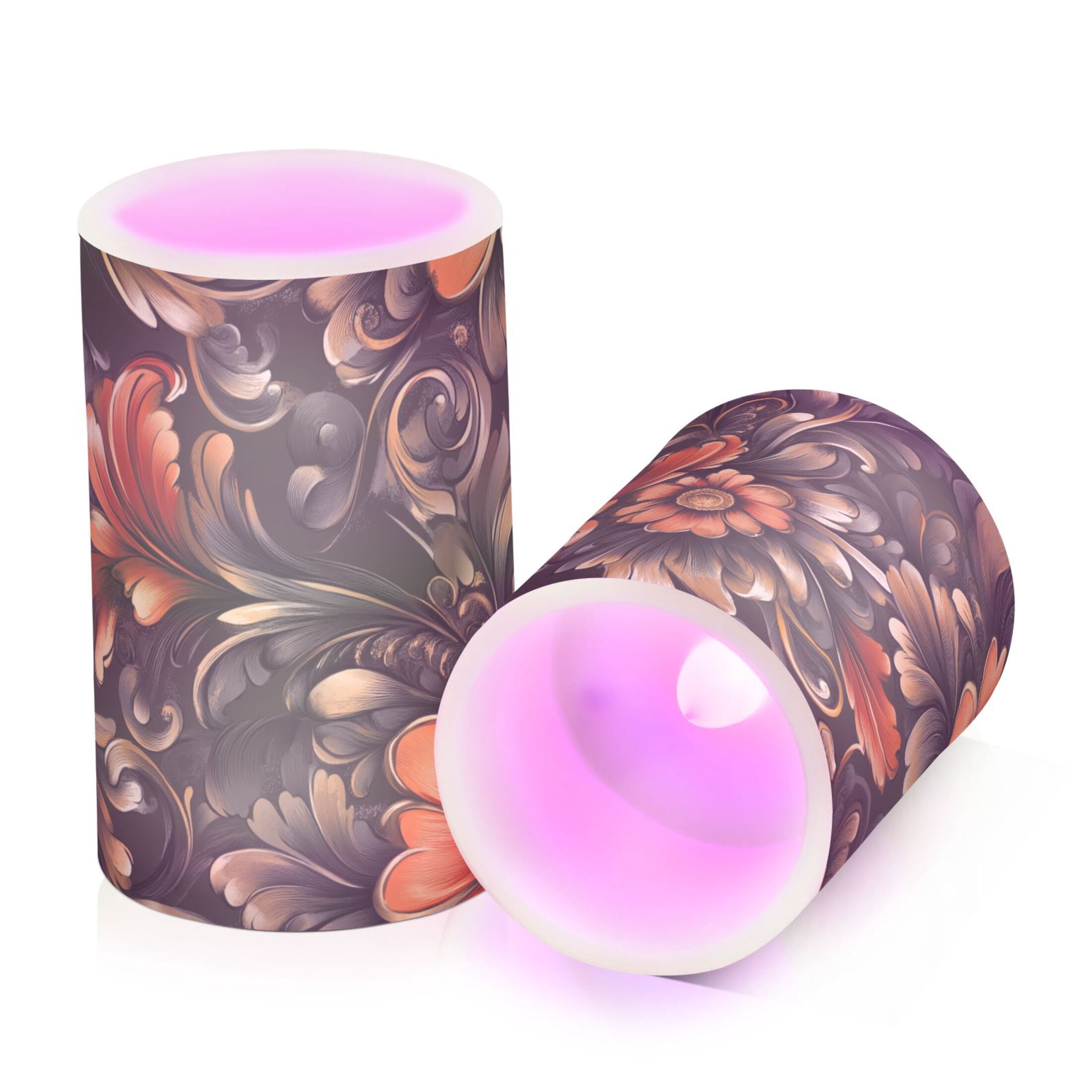 Flickering Flameless LED Candles set of 2 Battery Operated 18-Key Remotes Timer Halloween Fall Decor Red Flowers and Swirls Leaves D3''xH4''5''