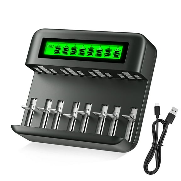 8 Bay Rechargeable Battery Charger with LCD Eye Protection Screen，Intelligent Fast LCD Indicator USB Battery Charger For 1.2V AA AAA C D Size Ni-MH Batteries