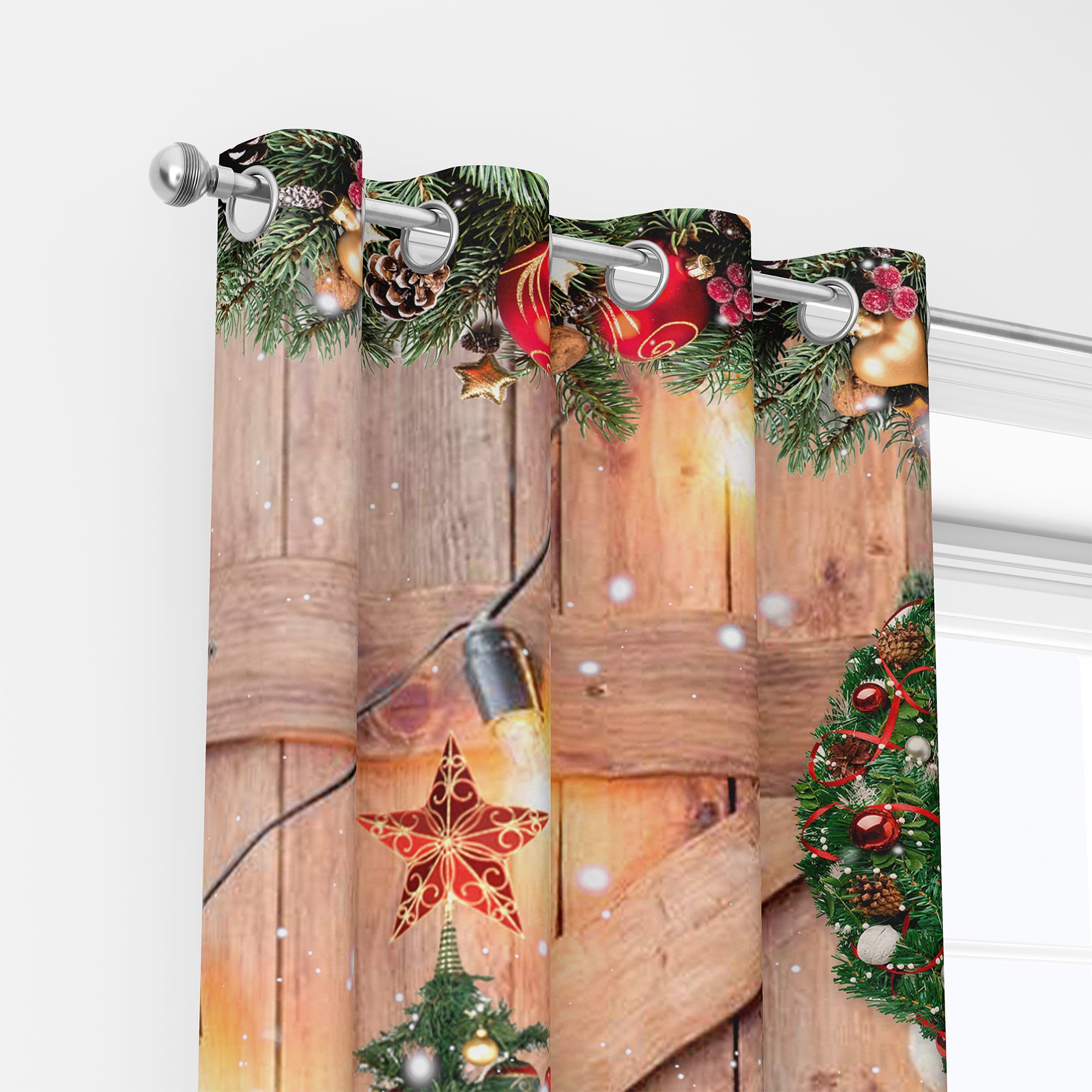 Farmhouse Christmas Black Out Window Curtains, Rustic Country Vintage Winter Pine Tree Xmas Ball Gift Snowflake Wood Barn Decor for Bedroom, Living Room, Grommet Window Drapes 2 Panel Set, 52"x84"