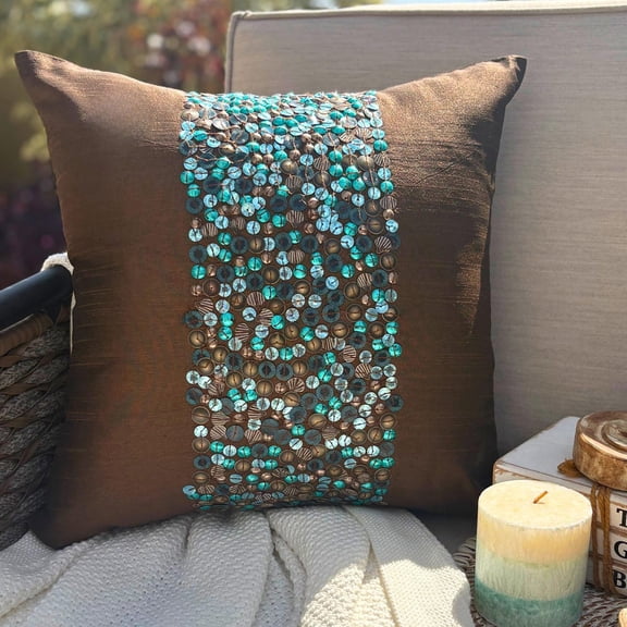 Cushion Cover, Brown Decorative Pillow Covers 16x16 inch (40x40 cm), Silk Throw Pillows For Couch, Circles & Dots, Sequins Embellished, Modern Accent Throw Pillows - Cocoa & Turq