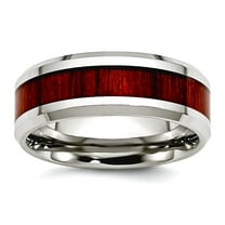 Stainless Steel Polished Red Wood Inlay Enameled 7.80mm Ring Size 13 Ring for Women