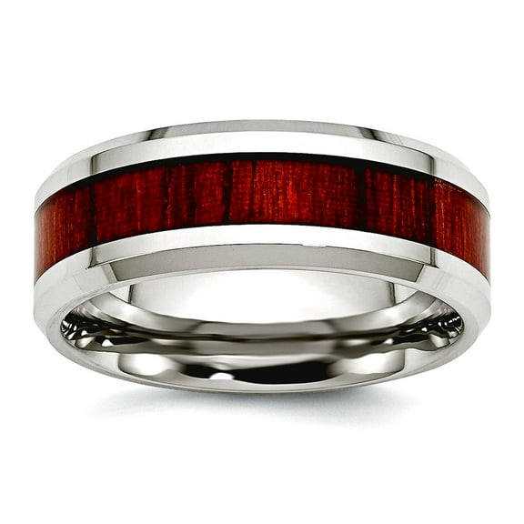 Stainless Steel Polished Red Wood Inlay Enameled 7.80mm Ring Size 11.5 Ring for Women