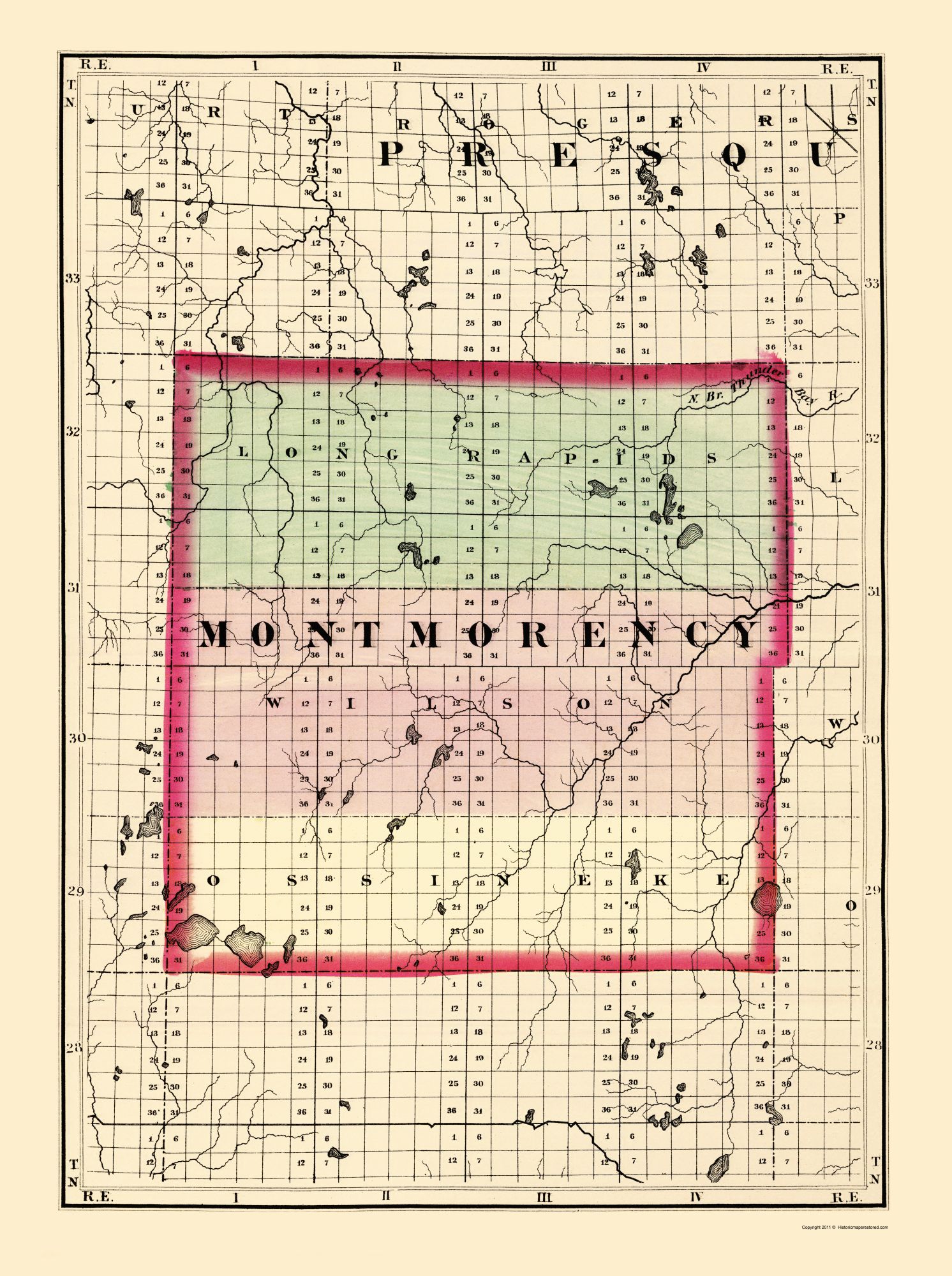 Old County Map Montmorency Michigan Tackabury 1873 23 x 30.83