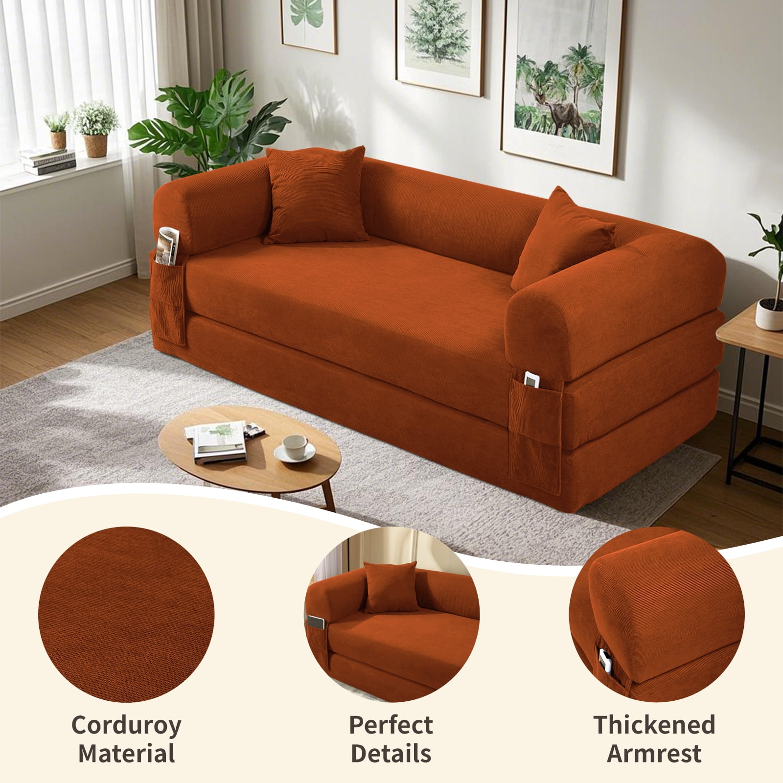 3 in 1 Convertible Sofa Bed, 80" Corduroy Folding Pull Out Couch with 2 Pillows, Floor Sofa with Side Storage for Living Room, No Assembly Modern Boneless Couch Compression Sofa, 35.4"W
