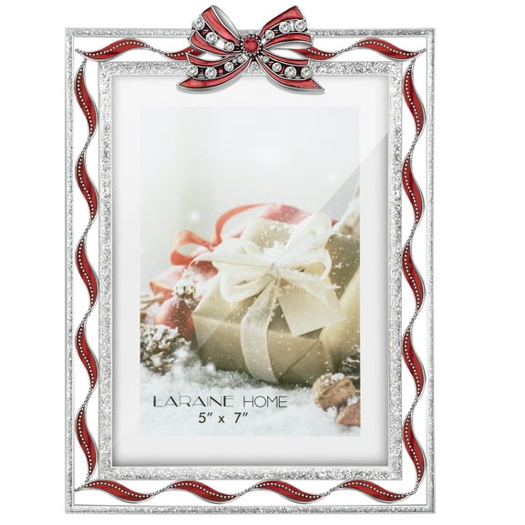 LARAINE Picture Photo Frame 5x7 Metal Ribbon Bow Rhinestones High Definition Glass Display Pictures for Tabletop (Silver)