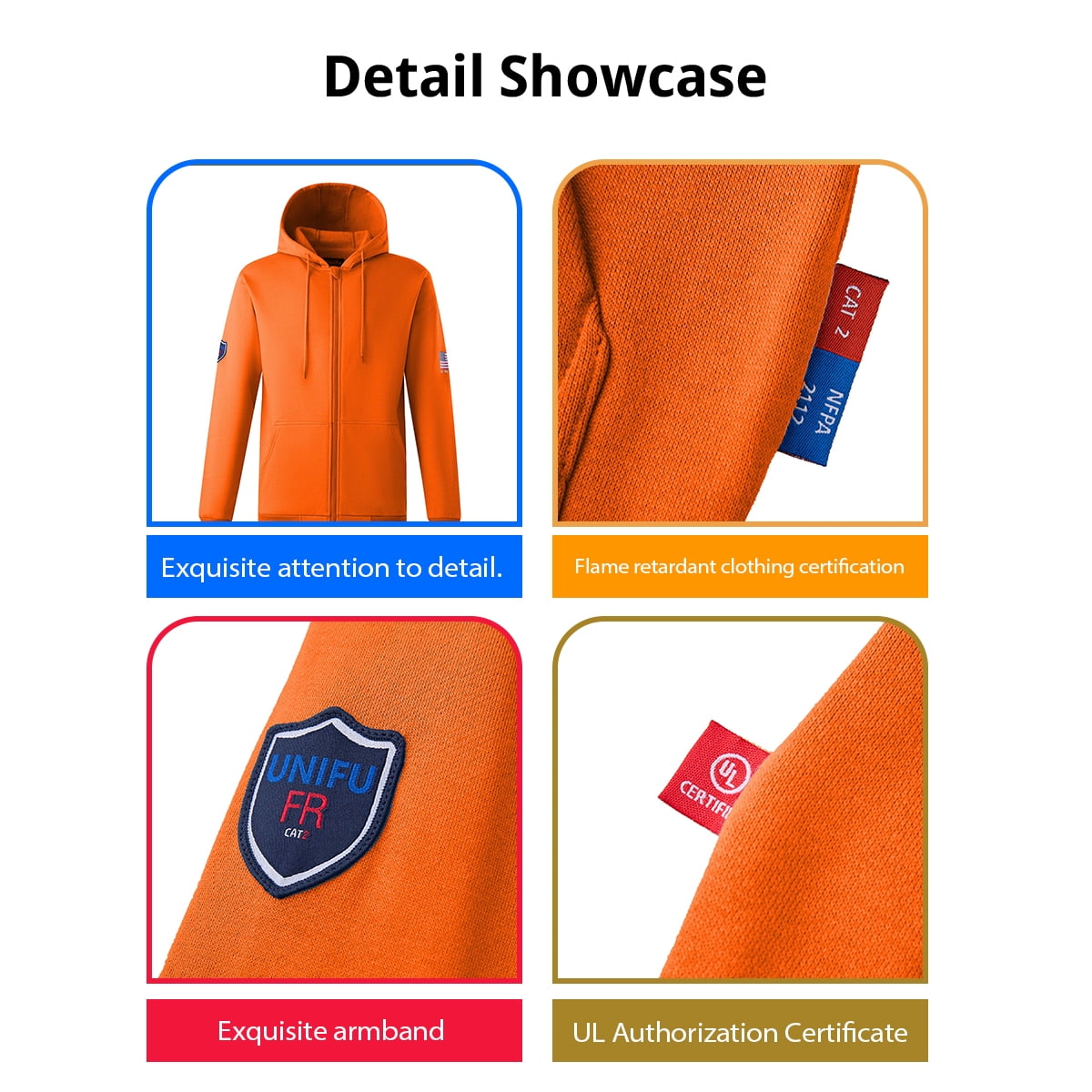 UNIFU FR Shirts for Men Flame Resistant Zipper 12OZ Heavy Weight Long Sleeve Fleece 100% C NFPA2112/CAT2 Hooded Sweatshirt