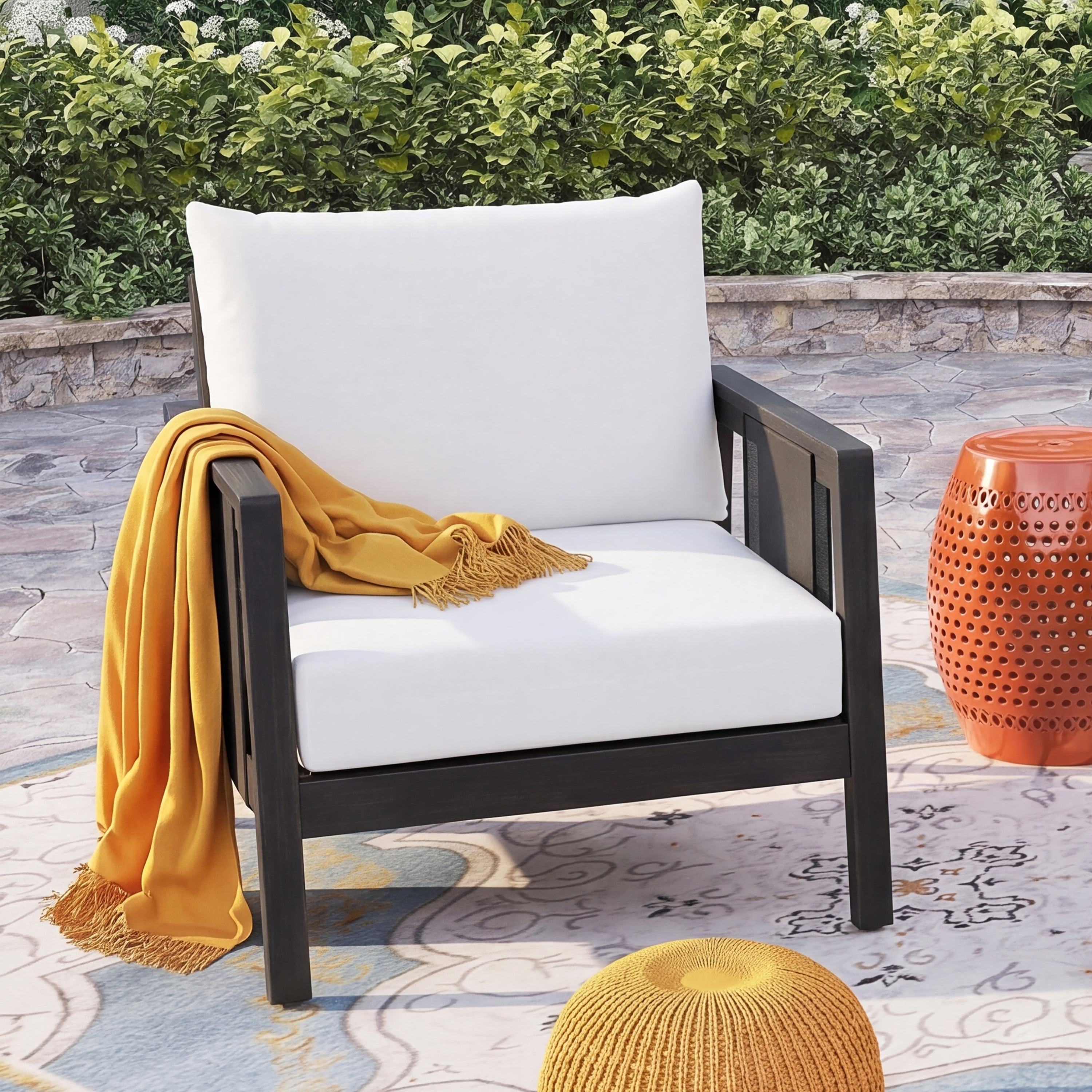Club Chair, Outdoor Acacia Wood Frame Chair with Black Textilene Accents Water-Repellent White Cushions, Dark Grey