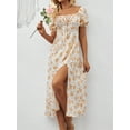 thumbnail image 4 of ZOELNIC Women's Floral Summer Dress Square Neck Puff Sleeve Boho Midi Dress with Ruched Bust & High Waist Split, Casual & Beach Outfit, S, 4 of 7