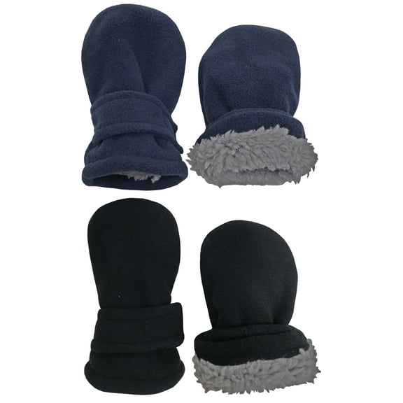 N'Ice Caps Toddler Baby Infant Mittens 2 Pairs Kids Sherpa Lined Fleece Easy-On, Boys Black & Navy