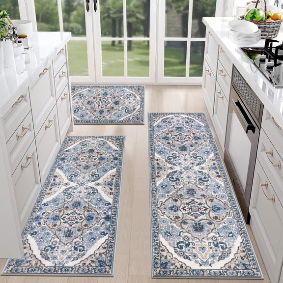 Farmhouse Kitchen Rugs 3 Piece Set Non Slip Washable Boho Floor Mats for Kitchen Sink Laundry Room Hallway Entryway Runner Rug Carpet, Gray