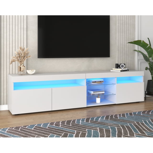 Nouvelle Armoire Télé Moderne Blanche 70,8 Pouces avec Éclairage LED USB, Console Multimédia avant à Fini Très Lustré avec 3 Portes, Meuble Télé Fini Mat avec Rangement pour Salon et Salle à Manger