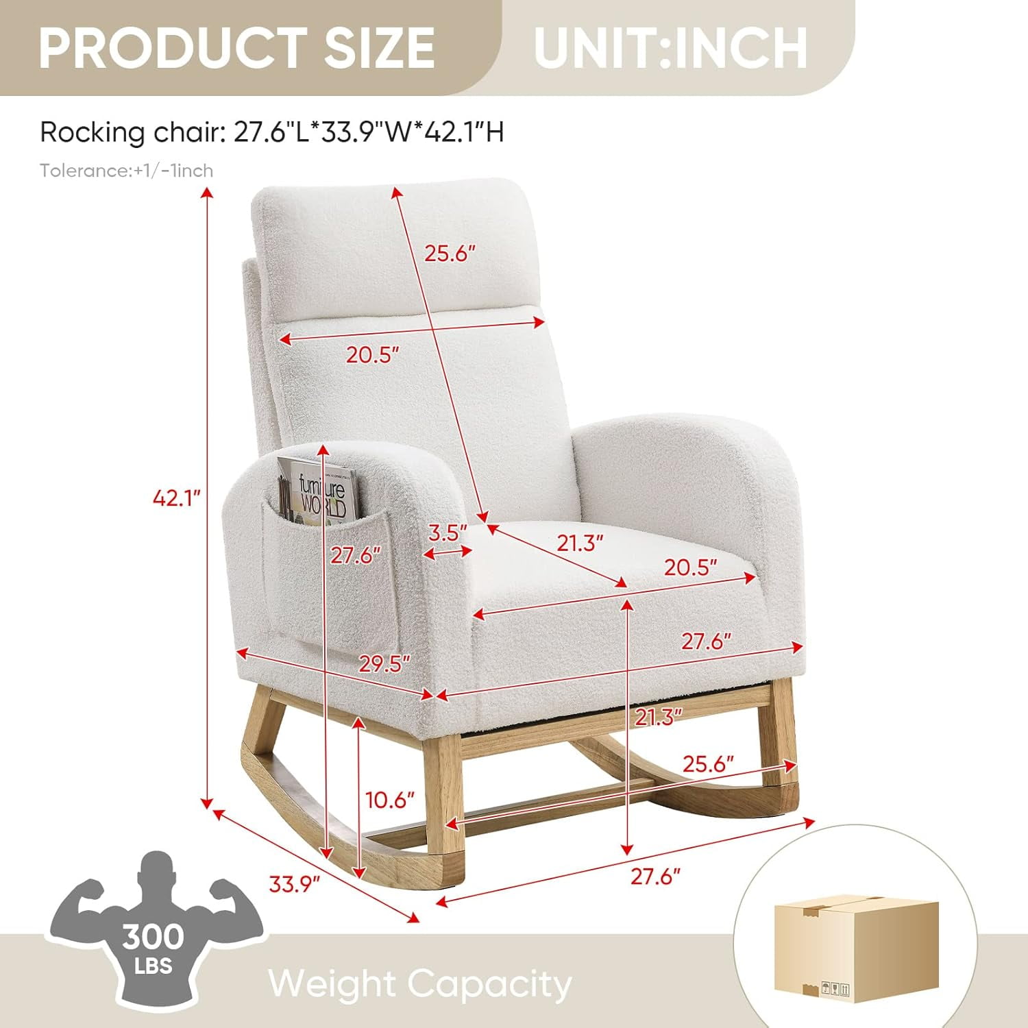 Nursery Rocking Glider Chair, Modern Fabric Tall Back Accent Rocker Chair Upholstered Arm Chair w/Side Pockets, Modern Leisure Single Sofa for Living Room, Hotel, Bedroom, Office, Grey