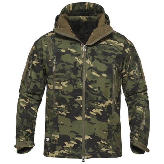 Woodland Camo Softshell Tactical Jacket for Men Waterproof Ripstop Fleece Lined Coat Adjustable Hood Multi Pockets for Winter Hunting