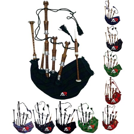 Scottish Bagpipe Sheesham wood Natural Finish Silver Mounts Black Watch Cover