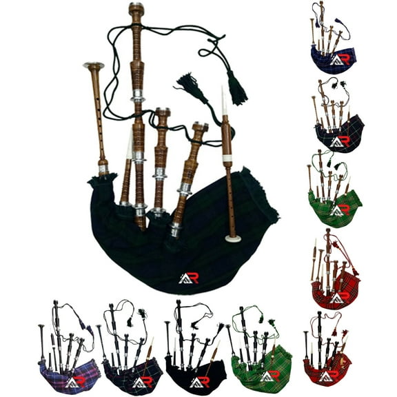 Scottish Bagpipe Sheesham wood Natural Finish Silver Mounts Black Watch Cover