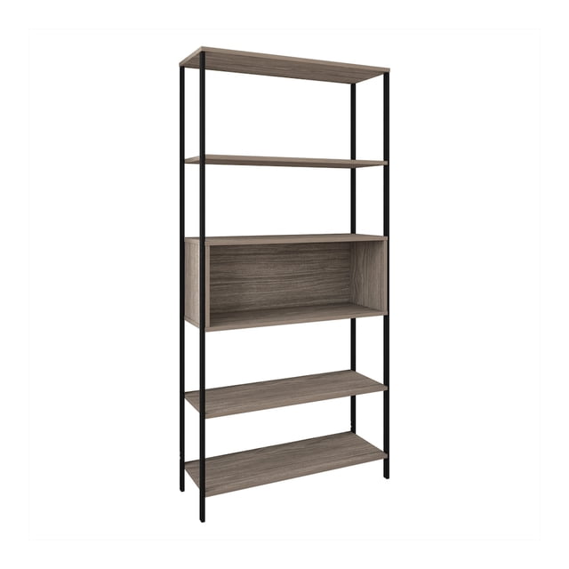 Librero Estante Organizador dos Vistas, Cinco Espacios Organizadores, Estructura Metálica, Tablero Laminado Texturizado PLAYCON (Roble)