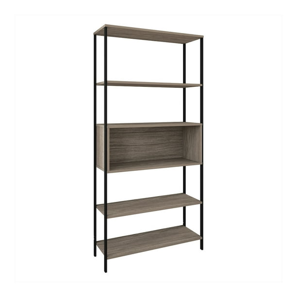 Librero Estante Organizador dos Vistas, Cinco Espacios Organizadores, Estructura Metálica, Tablero Laminado Texturizado PLAYCON (Roble)
