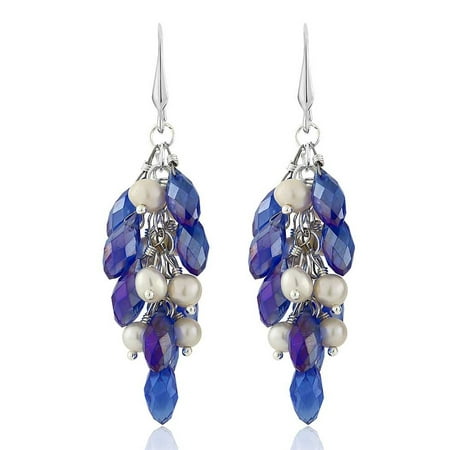 Blue Freshwater Pearl - Aurora Blue Cluster Faceted Crystal Earrings with Cultured Freshwater Pearl