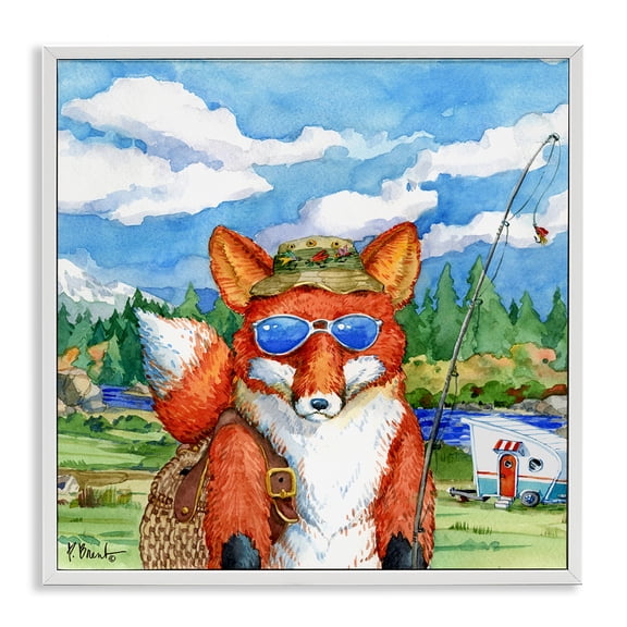 Stupell Industries Rustic Lodge Happy Camper Red Fox Fisherman White Framed Giclee Art, 12 x 12, by Paul Brent