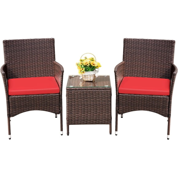 WLXIANG Patio Porch Furniture Sets 3 Pieces PE Rattan Wicker Chairs with Table Outdoor Garden Furniture Sets (Brown/Red)