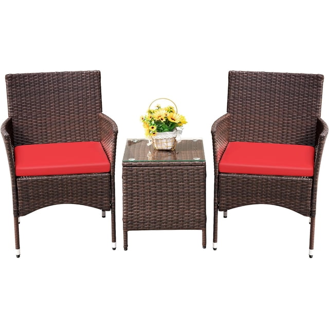 WLXIANG Patio Porch Furniture Sets 3 Pieces PE Rattan Wicker Chairs with Table Outdoor Garden Furniture Sets (Brown/Red)