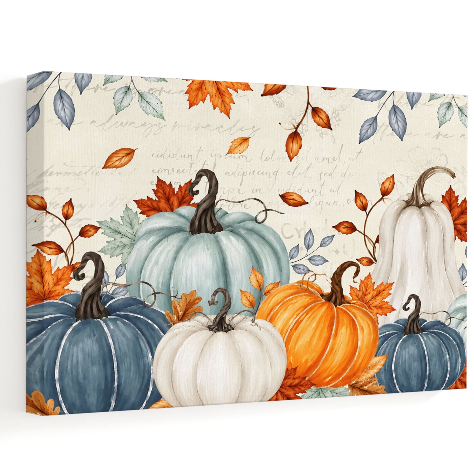 Blue Green Pumpkins Canvas Wall Art Thanksgiving Leaf Orange White Pumpkin Beige Wall Art Prints Artwork Framed Canvas Ready to Hang Art Pictures for Hallway Living Dining Room Bedroom 24 x 16