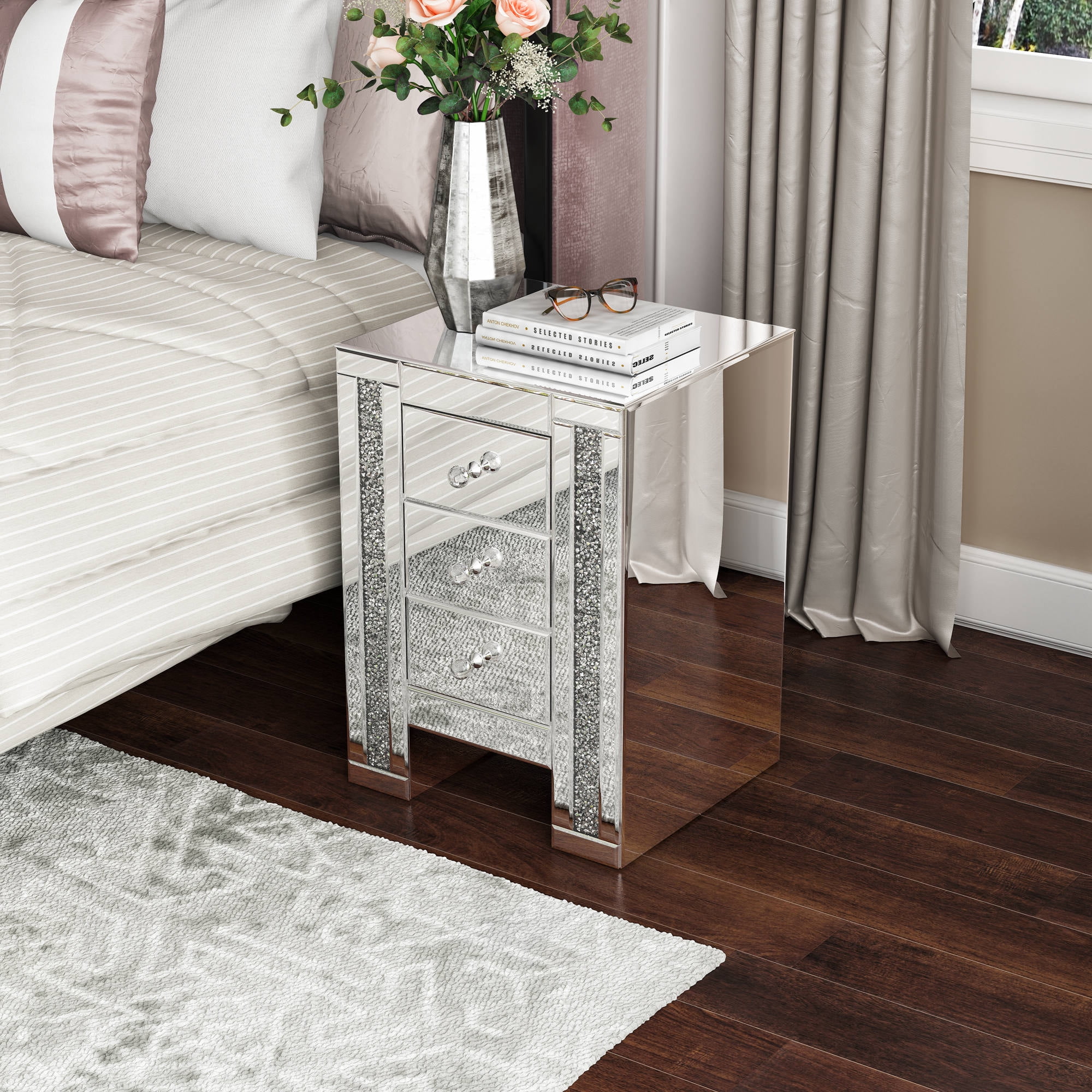Jaxpety Mirrored Nightstand 3 Drawer Crystal Beaded Silver Bedside Table Walmart Com Walmart Com