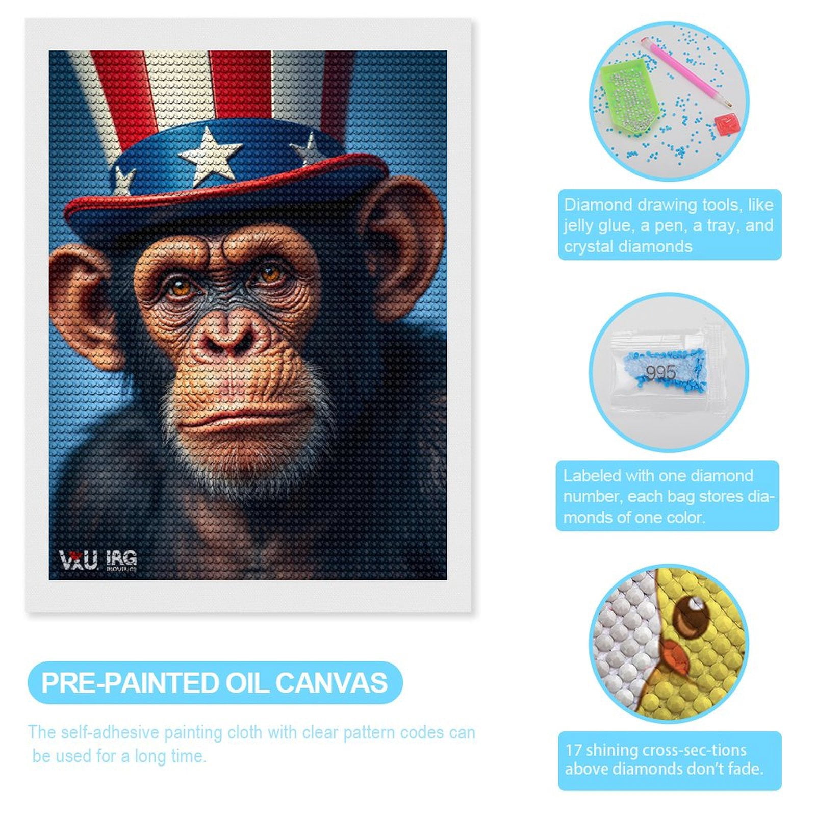 Diamond Art Kits for Adults, Chimpanzee Patriotic Hat 5D Diamond Painting Kits for Adults Beginners, DIY Full Drill Diamond Painting, Gem Art and Crafts 12x16