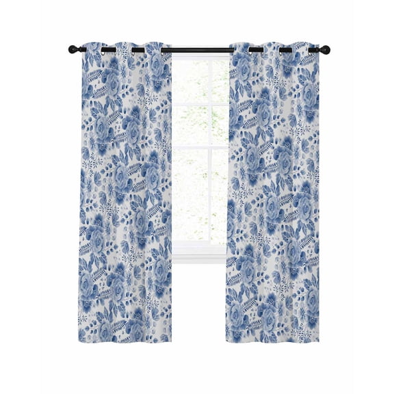 Blue Flowers Blackout Curtains for Bedroom Living Room, Watercolor Ombre Roses Plant Leaves Classical 54 In Long Thermal Insulated Room Darkening Drapes Grommet Window Treatments, 52 x 54 In