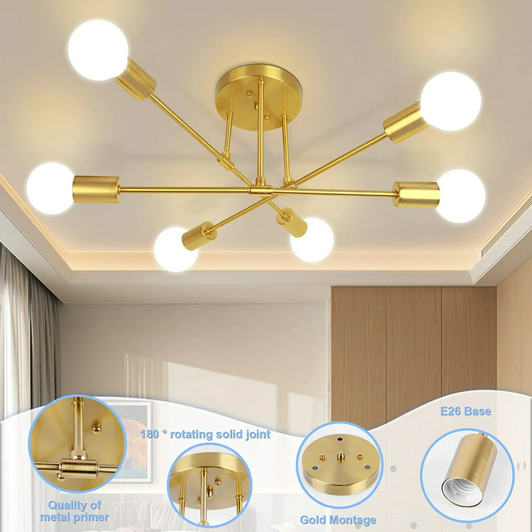Senhu Sputnik Chandelier Light Fixture 6-Lights Gold Sputnik Ceiling Light  Fixture, Mid Century Style, for Bedroom Kitchen Dining Room, Semi Flush  Mount, E26 Base, Bulbs No Included 