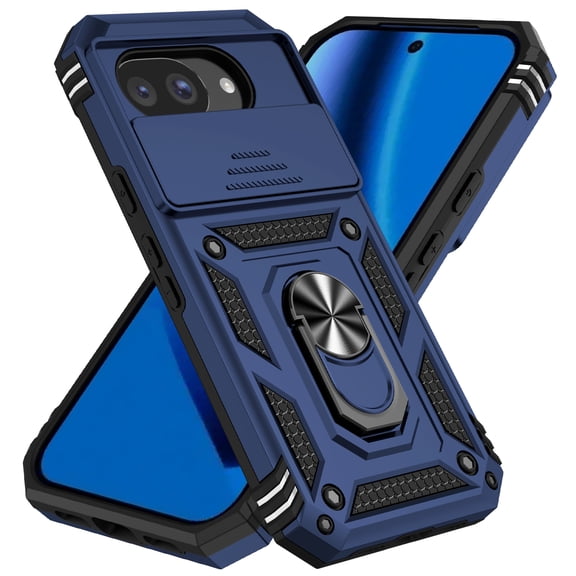 Decase for Google Pixel 10A Rugged Case with Slide Lens Cover,Shockproof Cover with Roating Ring Holder Protective Case for Pixel 10A,Blue